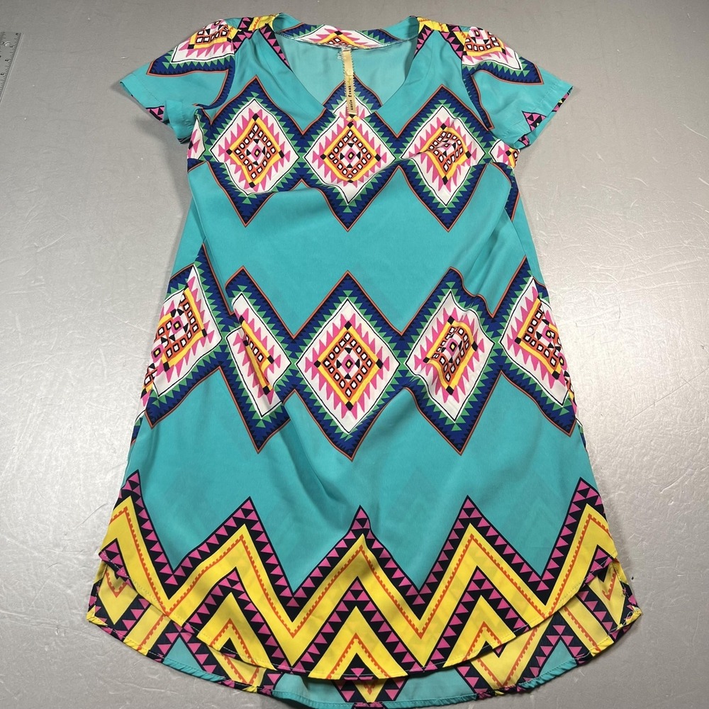 Uncle Frank Dress Womens Small Teal Geometric‎ Short Sleeve Shift Made in USA